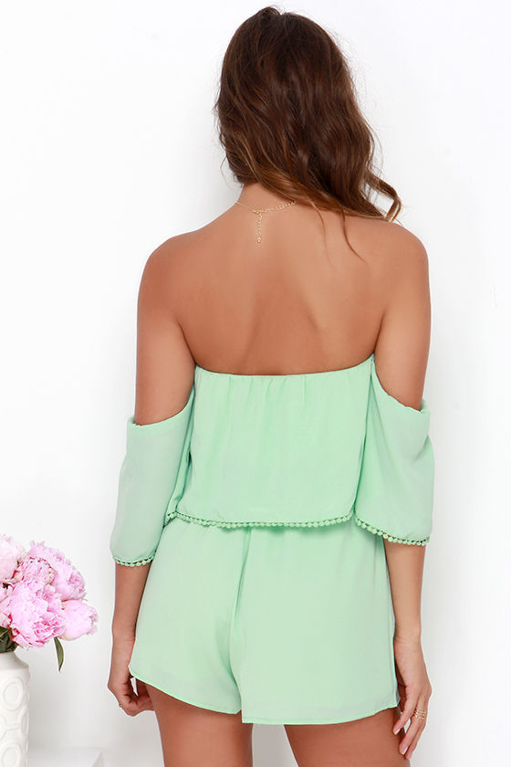Cute Mint Green Romper - Off-the-Shoulder Romper - Pompom Romper - $49.00