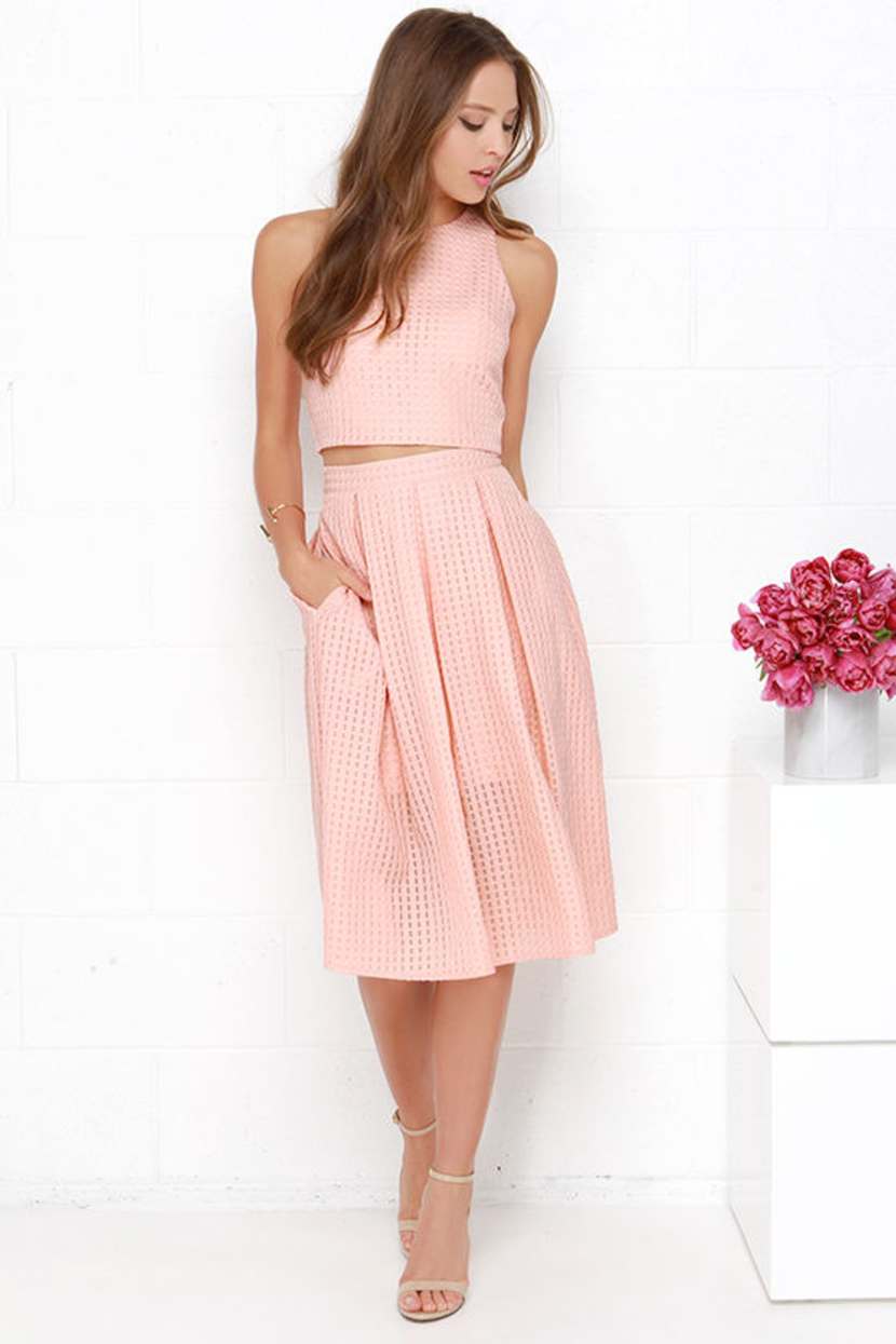 Chic Peach Midi Dress Two Piece Dress Pleated Dress 69 00 Lulus