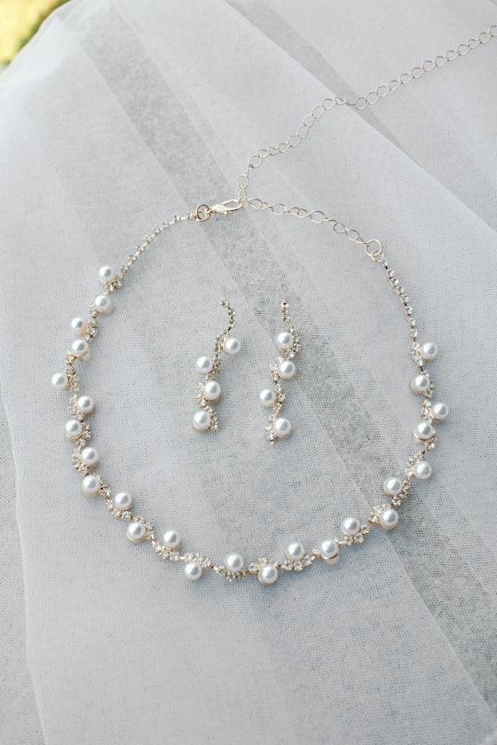 Haleema Gold Pearl Rhinestone Necklace and Earring Set 1