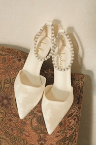 Katie White Satin Pearl Pointed-Toe Ankle Strap Pumps 1