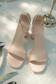 Arylee Champagne Satin Ankle Strap Heels 1