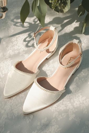 Phoebee White Satin Pearl Pointed-Toe Ankle Strap Flats 1