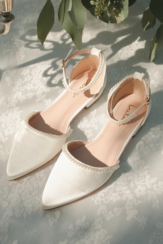 Phoebee White Satin Pearl Pointed-Toe Ankle Strap Flats 1
