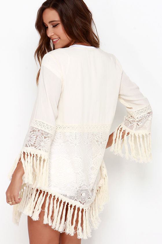 Lovely Cream Kimono Top Lace Kimono Fringe Kimono 48.00