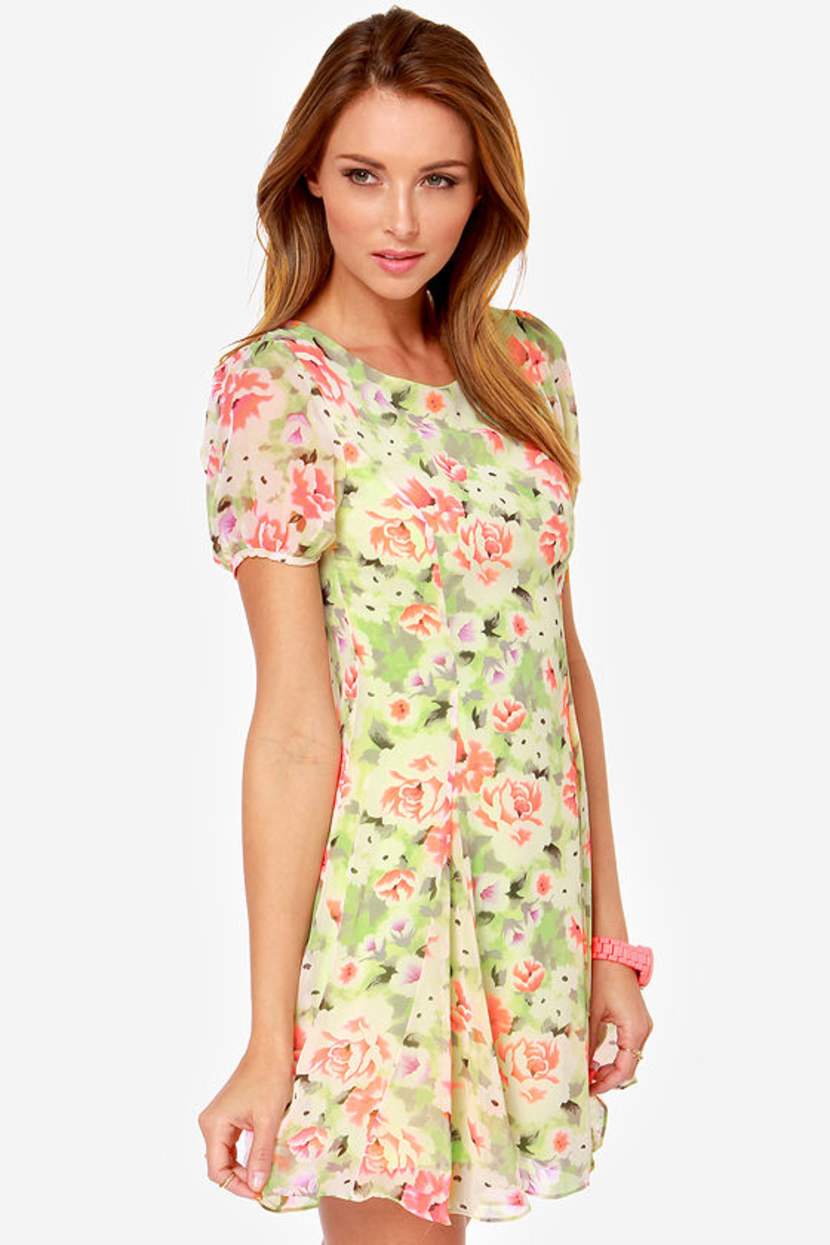 neon green floral dress Green Floral Print Maxi Dress