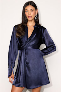 Rumaria Navy Satin Faux-Wrap Mini Dress 2