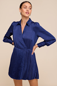 Marguerite Navy Blue Satin Pleated Mini Dress 1