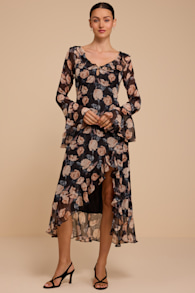 Liv Black Floral Ruffled Midi Dress 6