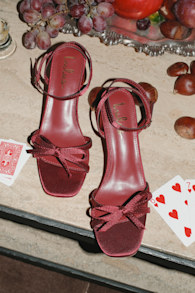 Rezzy Burgundy Satin Bow Ankle Strap High Heel Sandals 1