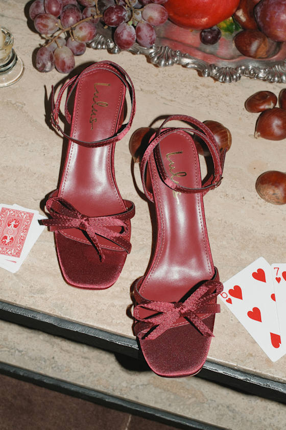 Rezzy Burgundy Satin Bow Ankle Strap High Heel Sandals 1