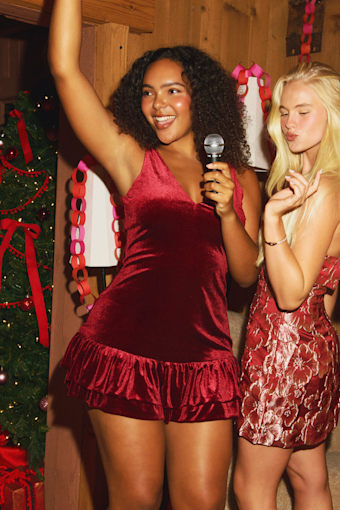 Medina Red Velvet Tiered Drop Waist Mini Dress 1