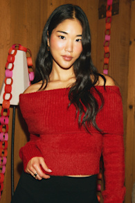 Ravenna Red Eyelash Knit Off-the-Shoulder Sweater Top 1