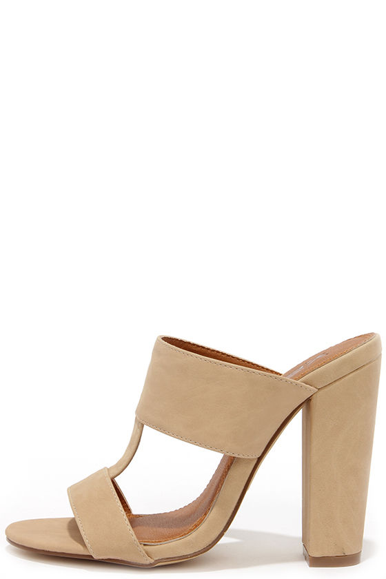 beige heeled mules