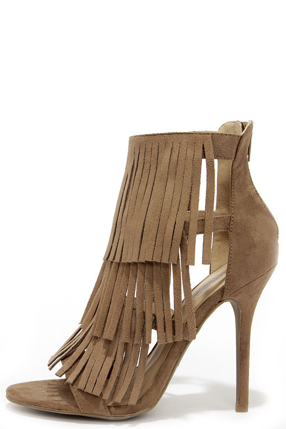 Gypsy Queen Taupe Suede Fringe Dress Sandals