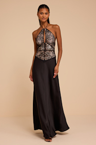 Denise Black Lace Satin Maxi Dress 1