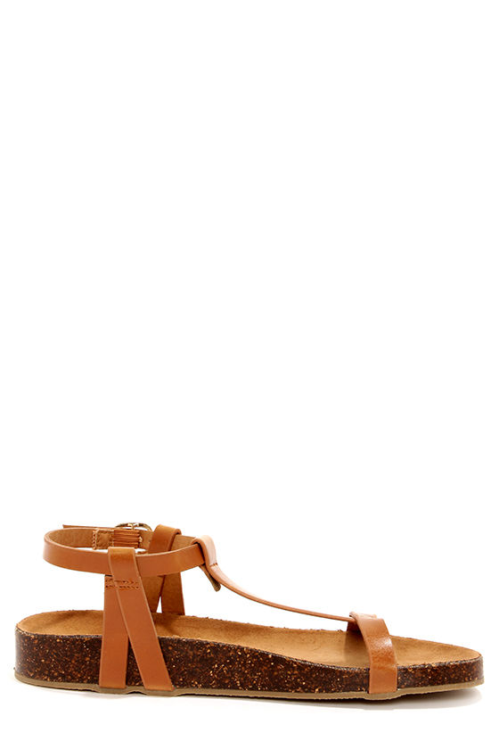 tan t strap sandals