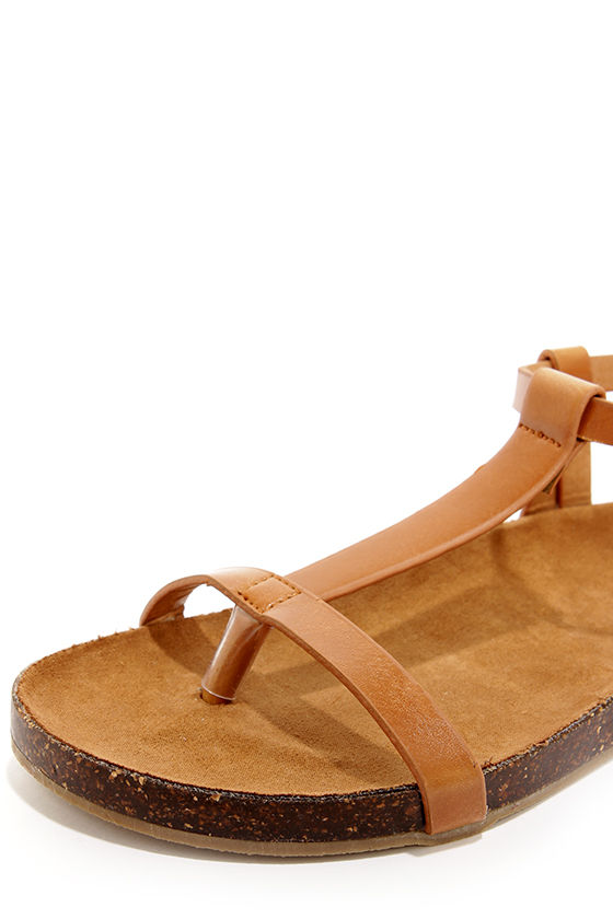 tan t strap sandals