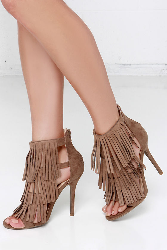 Gypsy Queen Taupe Suede Fringe Dress Sandals