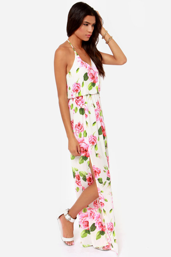 Beautiful Ivory Dress Floral Print Dress Maxi Dress 49.00