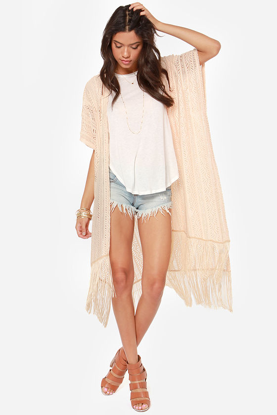 Pink-White Weaved Cuts Detail Kimono Top main image 0