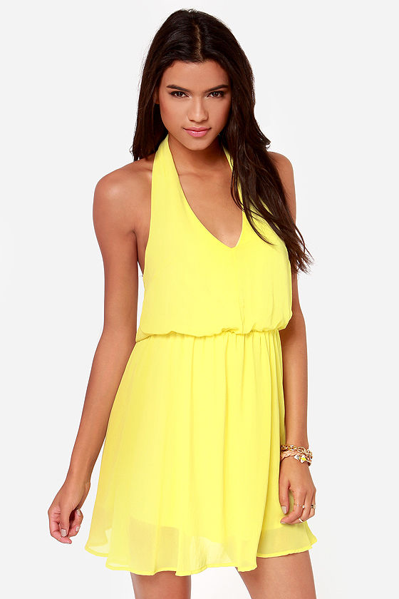 yellow halter mini dress