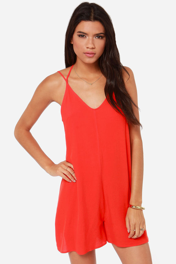 Cute Red Orange Romper - Spaghetti Strap Romper - Halter Romper - $40.00