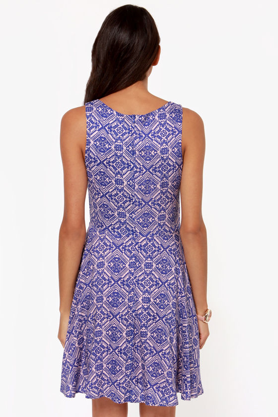 Pretty Print Dress - Royal Blue Dress - Fit and Flare - $46.00