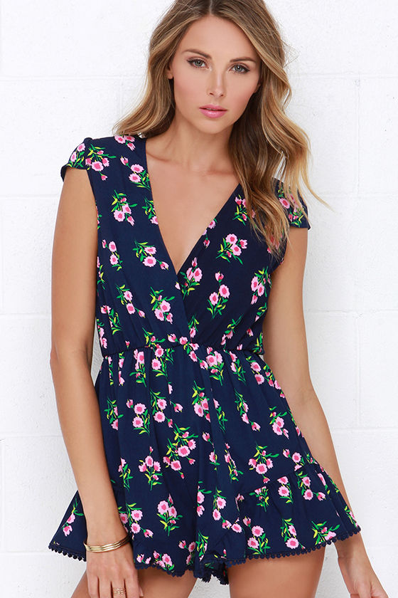 Cute Navy Blue Romper - Floral Print Romper - Cap Sleeve Romper - $65.00 - Lulus