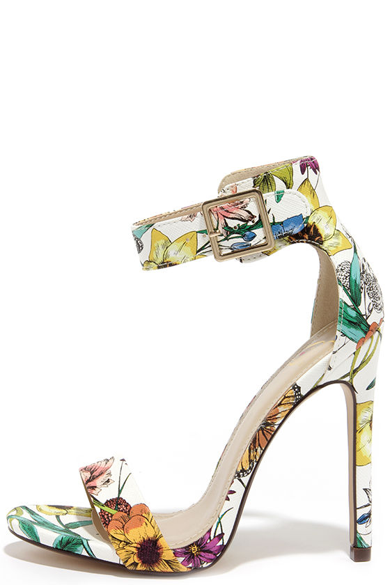 My Delicious Canter White Floral Print Ankle Strap Heels 1
