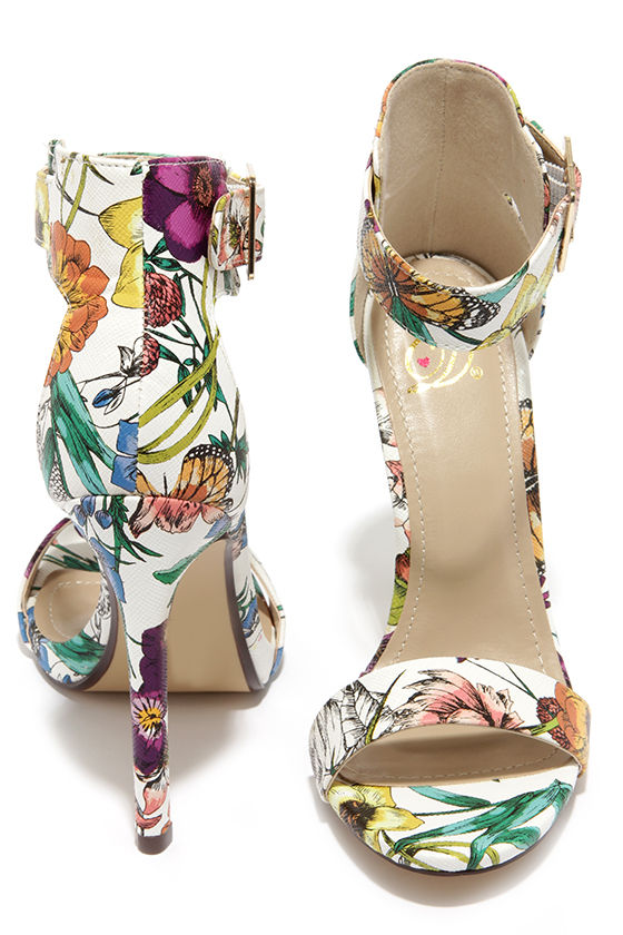 My Delicious Canter White Floral Print Ankle Strap Heels 2