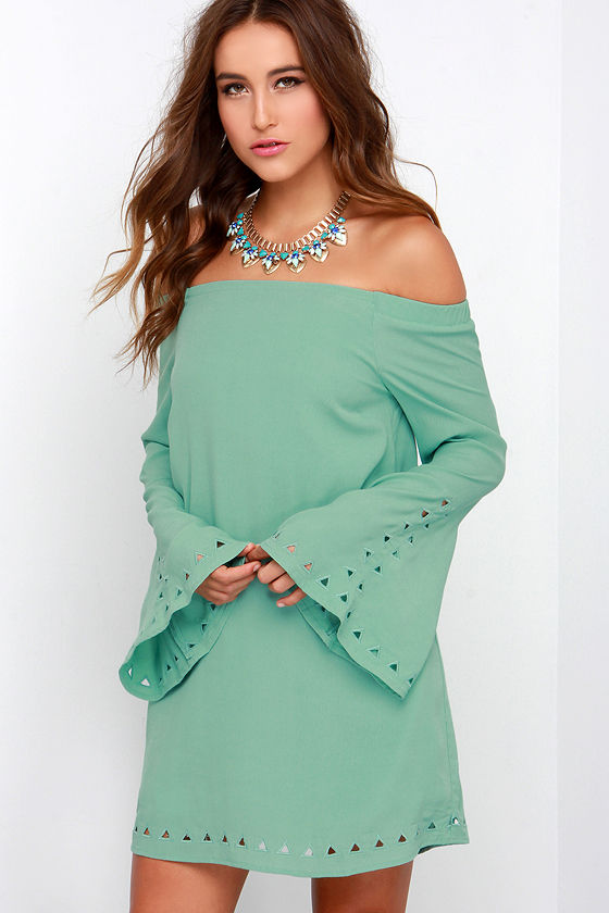 Canyon Echo Sage Green Long Sleeve Off-the-Shoulder Dress 1