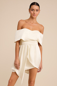 Always Celebrating Ivory Satin Off-the-Shoulder Mini Dress 1