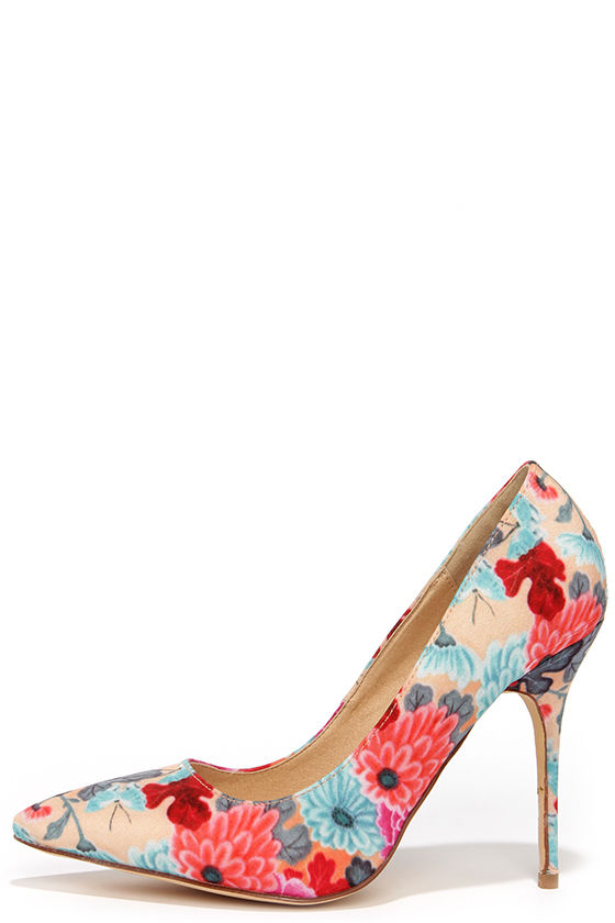 Cute Red Pumps - Floral Print Pumps 