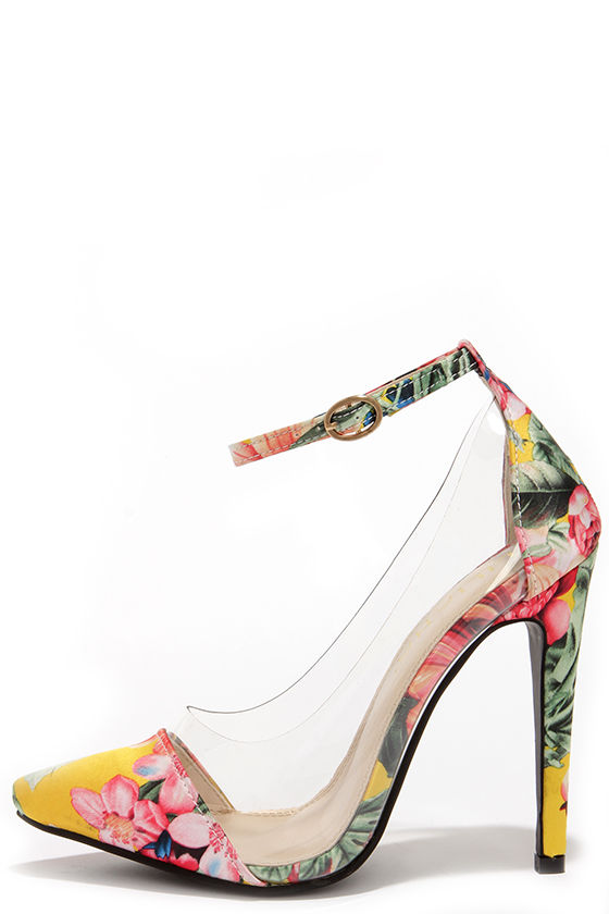 In the Clear Future Yellow Floral Print Lucite Heels