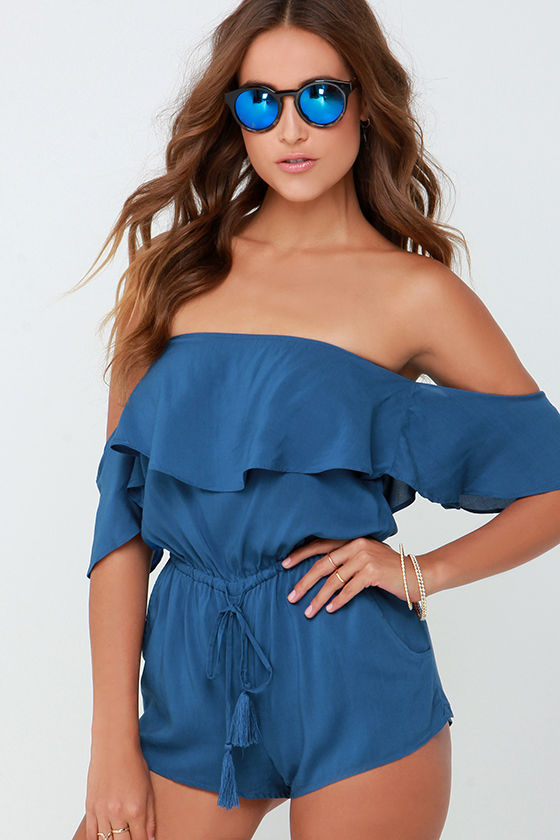 Cute Navy Blue Romper OfftheShoulder Romper Tassel Romper 45.