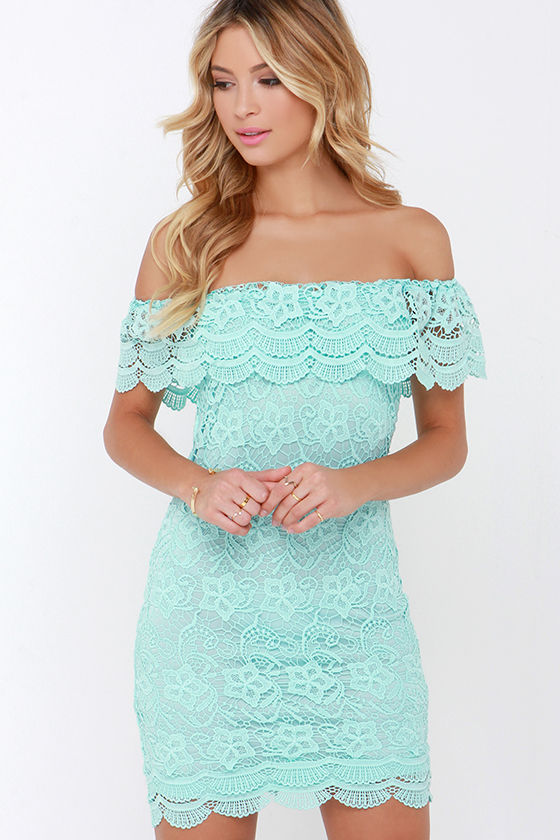 aqua off the shoulder dress