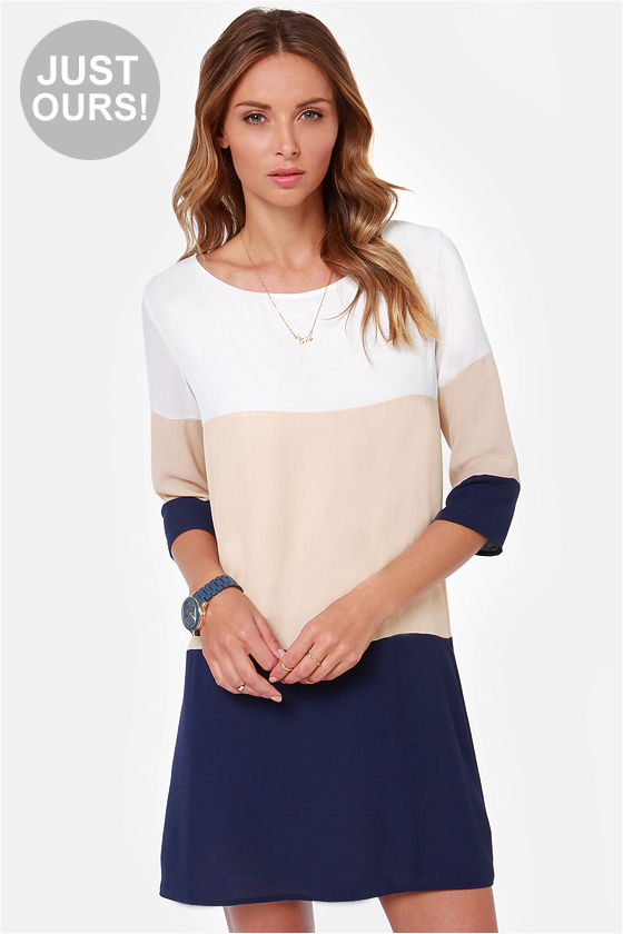navy and beige dress