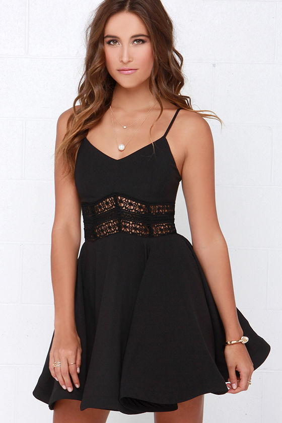 Pretty Black Dress - Lace Dress - Skater Dress - $48.00