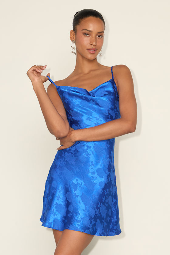 Image of Close to Your Heart Royal Blue Satin Jacquard Cowl Slip Dress