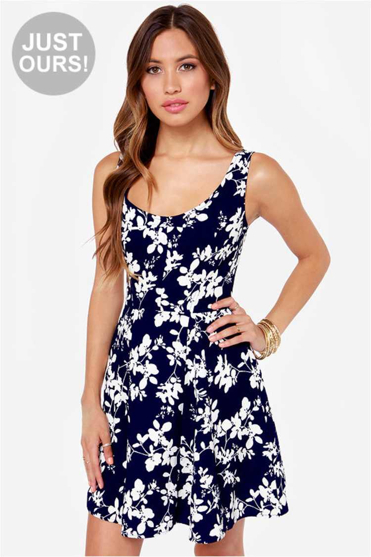 Sweet Floral Print Dress - Navy Blue Dress - Skater Dress - $49.00 - Lulus