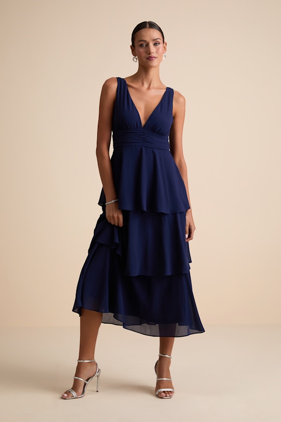 Celebration Time Navy Blue Sleeveless Tiered Midi Dress - thumbnail 2