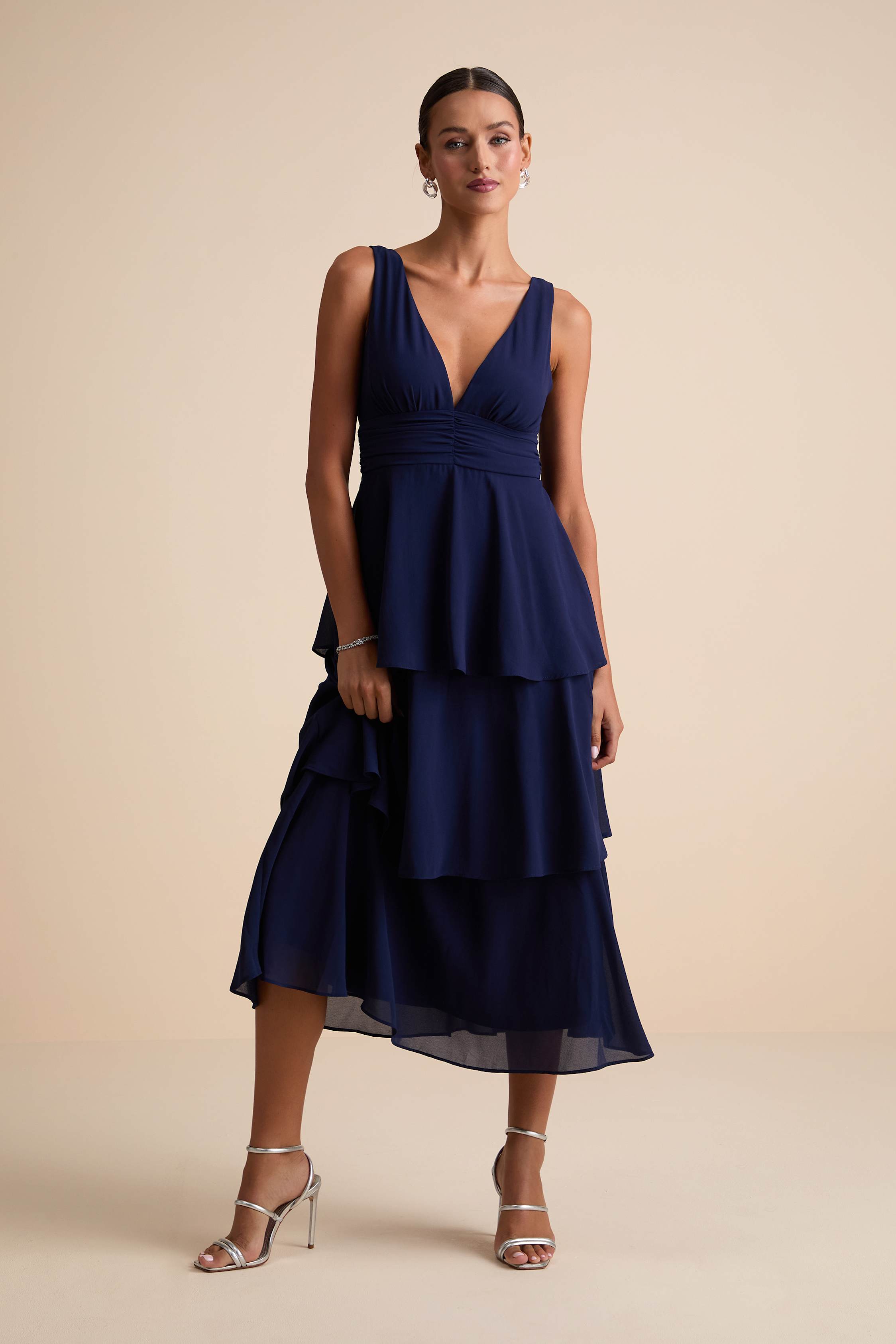 Celebration Time Navy Blue Sleeveless Tiered Midi Dress