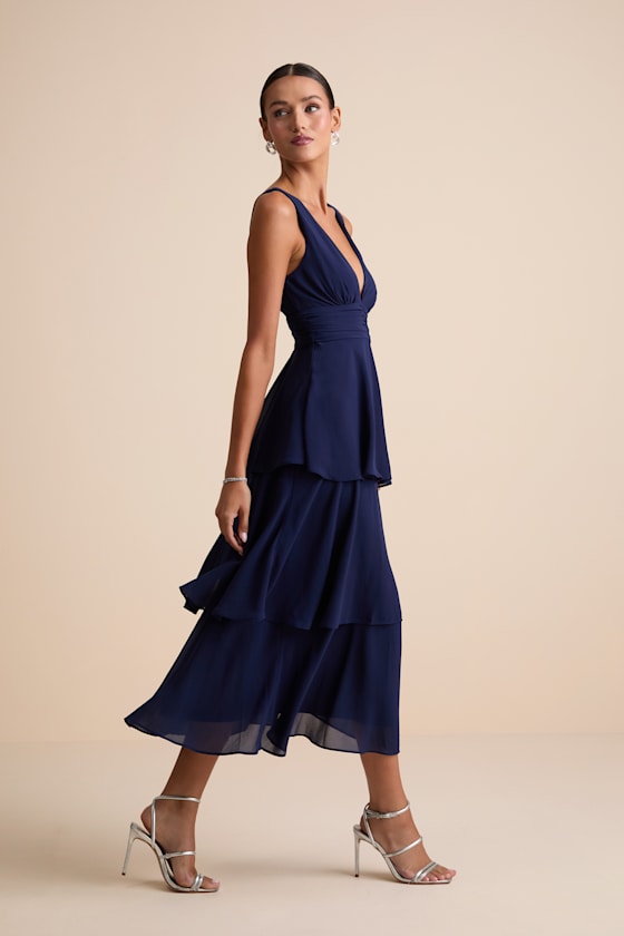 Celebration Time Navy Blue Sleeveless Tiered Midi Dress - thumbnail 4