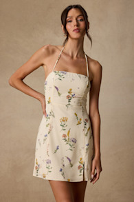 Catch the Bouquet Cream Floral Halter Lace-Up Mini Dress 1