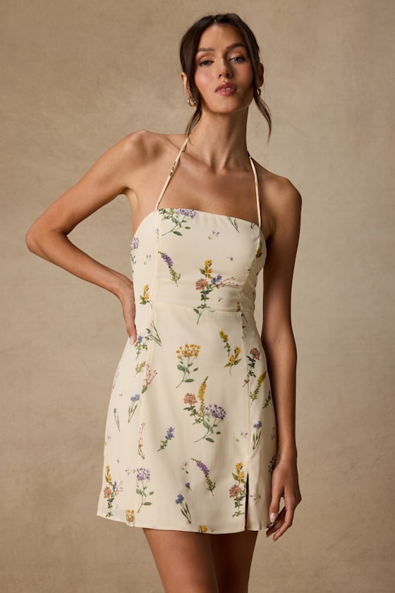 Catch the Bouquet Cream Floral Halter Lace-Up Mini Dress 1