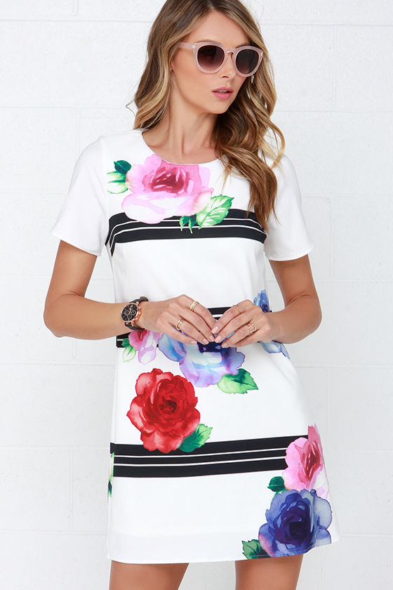Chic Shift Dress - Floral Print Dress - Striped Dress - $54.00 - Lulus
