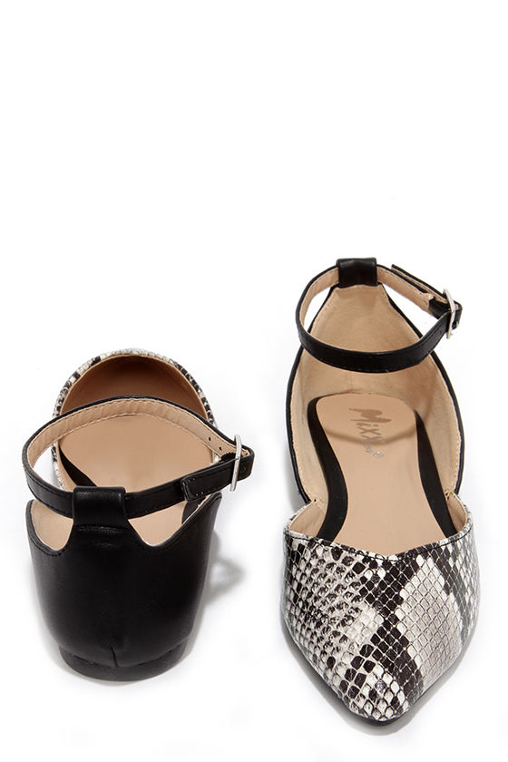 Split Second Black and White Snakeskin D'Orsay Flats