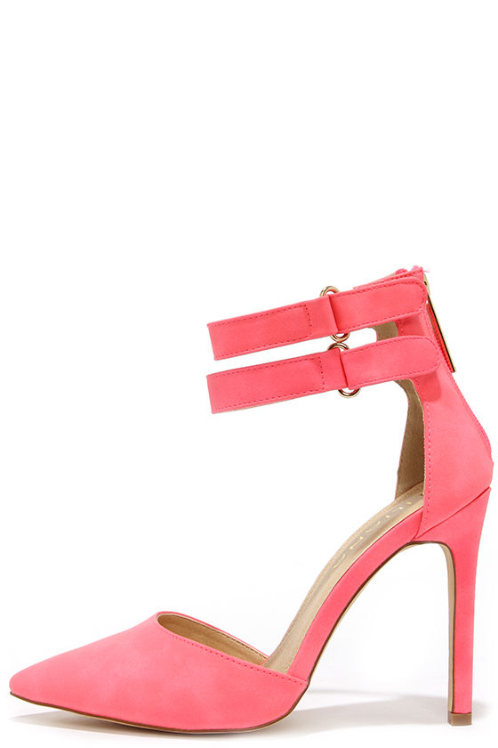 pink pointed heels with ankle strap