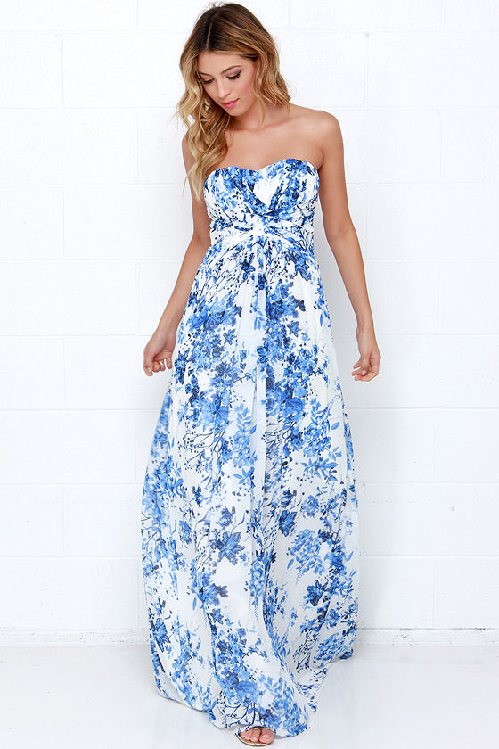 Beautiful Blue and Ivory Maxi Dress - Floral Print Dress - $105.00 - Lulus