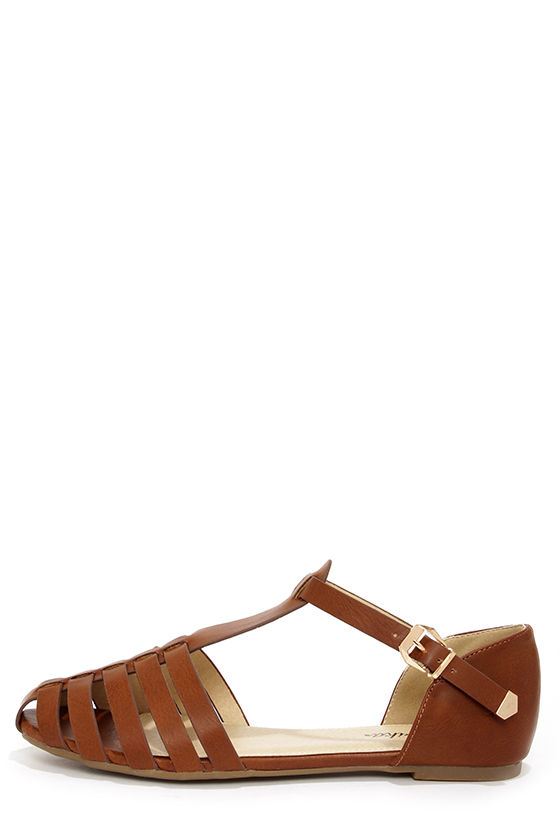 Cute Tan Shoes - Flat Sandals - Caged 